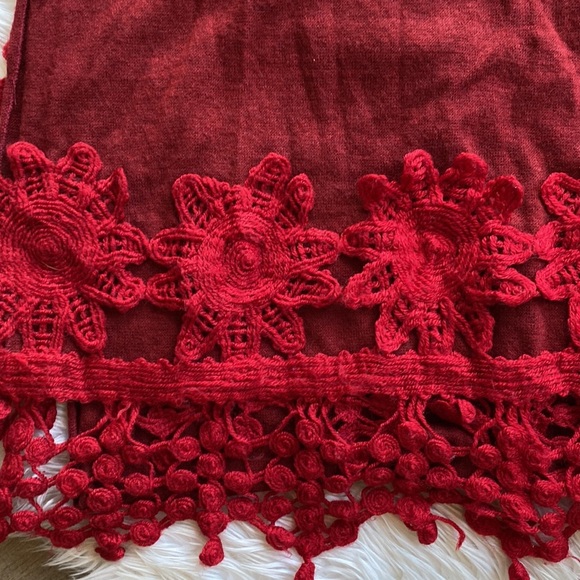 Red Knit Scarf with Crocheted Detail - Picture 5 of 6